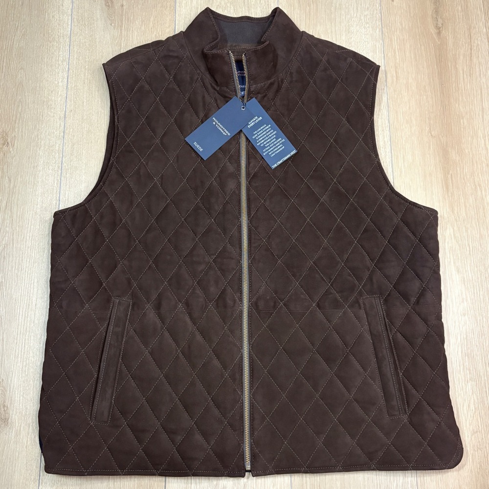 Roundtree & Yorke Mens XL Brown Goat Suede Quilted Craftsman Vest NWT Full Zip
